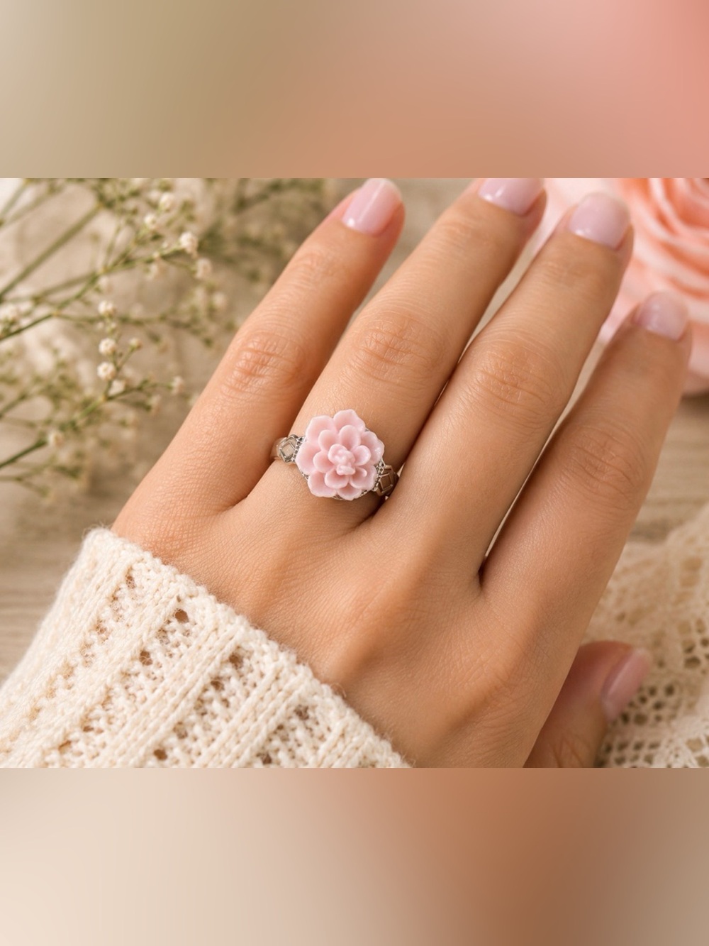 Blush Bloom pink floral Adjustable Ring